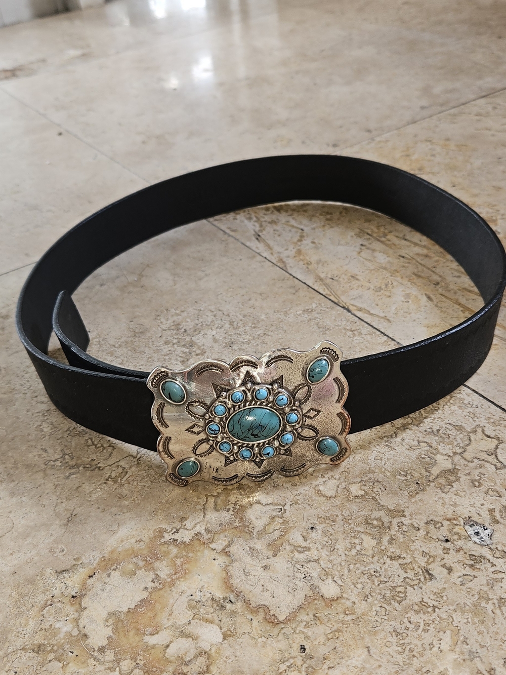 Guess Black Leather Belt with Turquoise Accent Floral Buckle Large